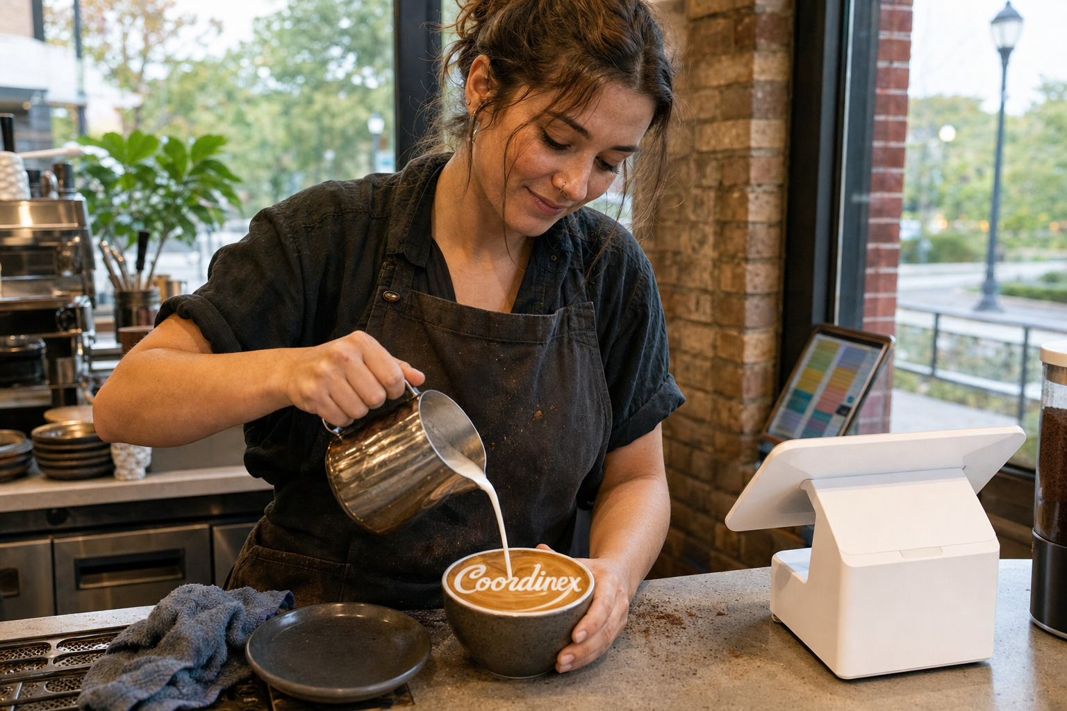 Young adult woman barista pouring milk into latte art spelling Coordinex, with a point-of-sale tablet nearby inside a coffee shop in Rochester Hills, MI.