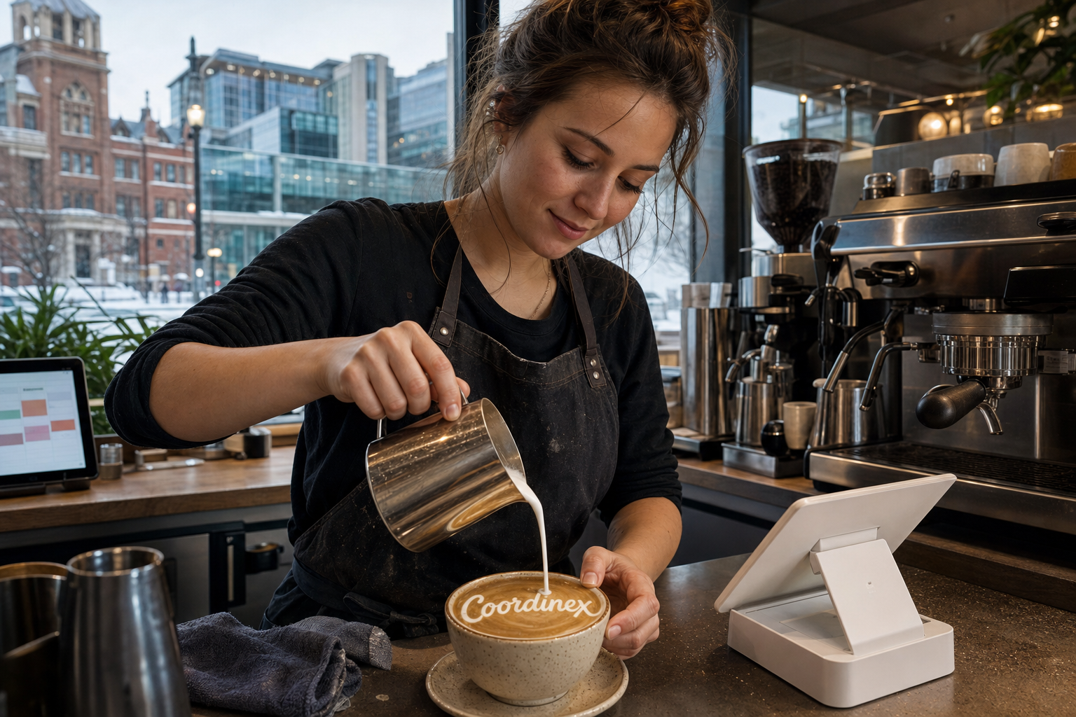 Young adult woman barista pouring milk into latte art spelling Coordinex, with a point-of-sale tablet nearby inside a coffee shop in Rochester, MN.