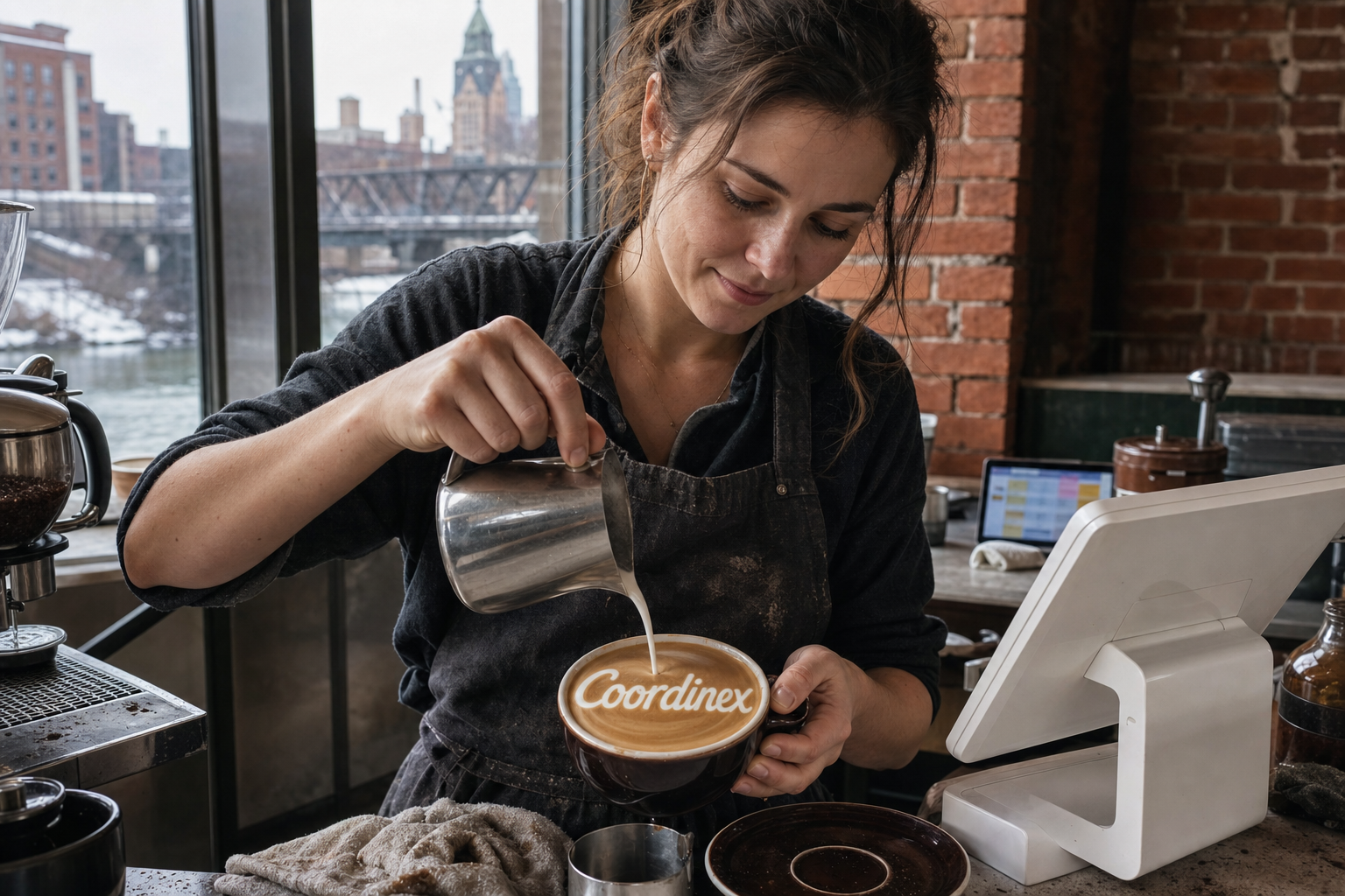 Young adult woman barista pouring milk into latte art spelling Coordinex, with a point-of-sale tablet nearby inside a coffee shop in Rochester, NY.