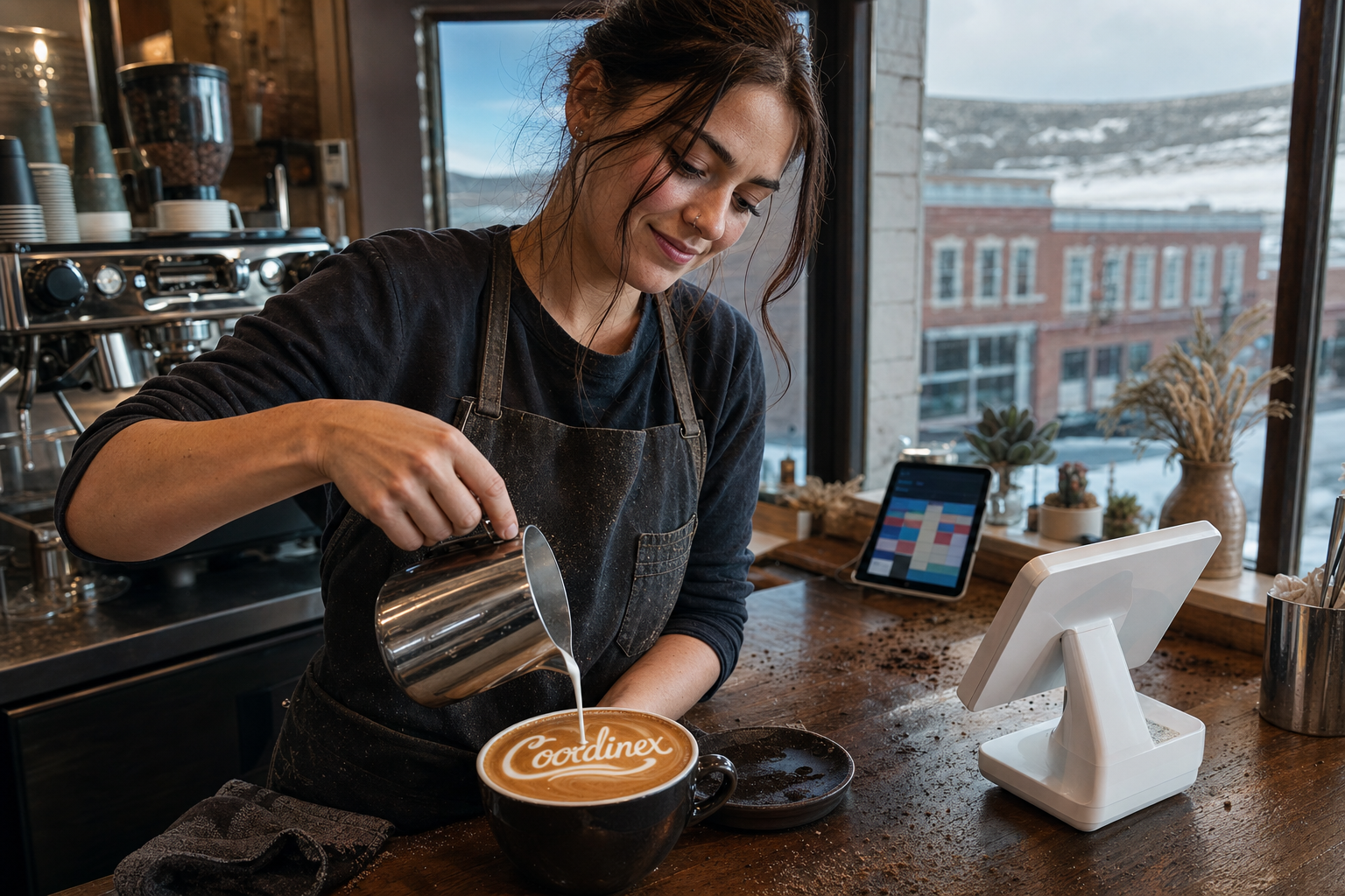 Young adult woman barista pouring milk into latte art spelling Coordinex, with a point-of-sale tablet nearby inside a coffee shop in Rock Springs, WY.