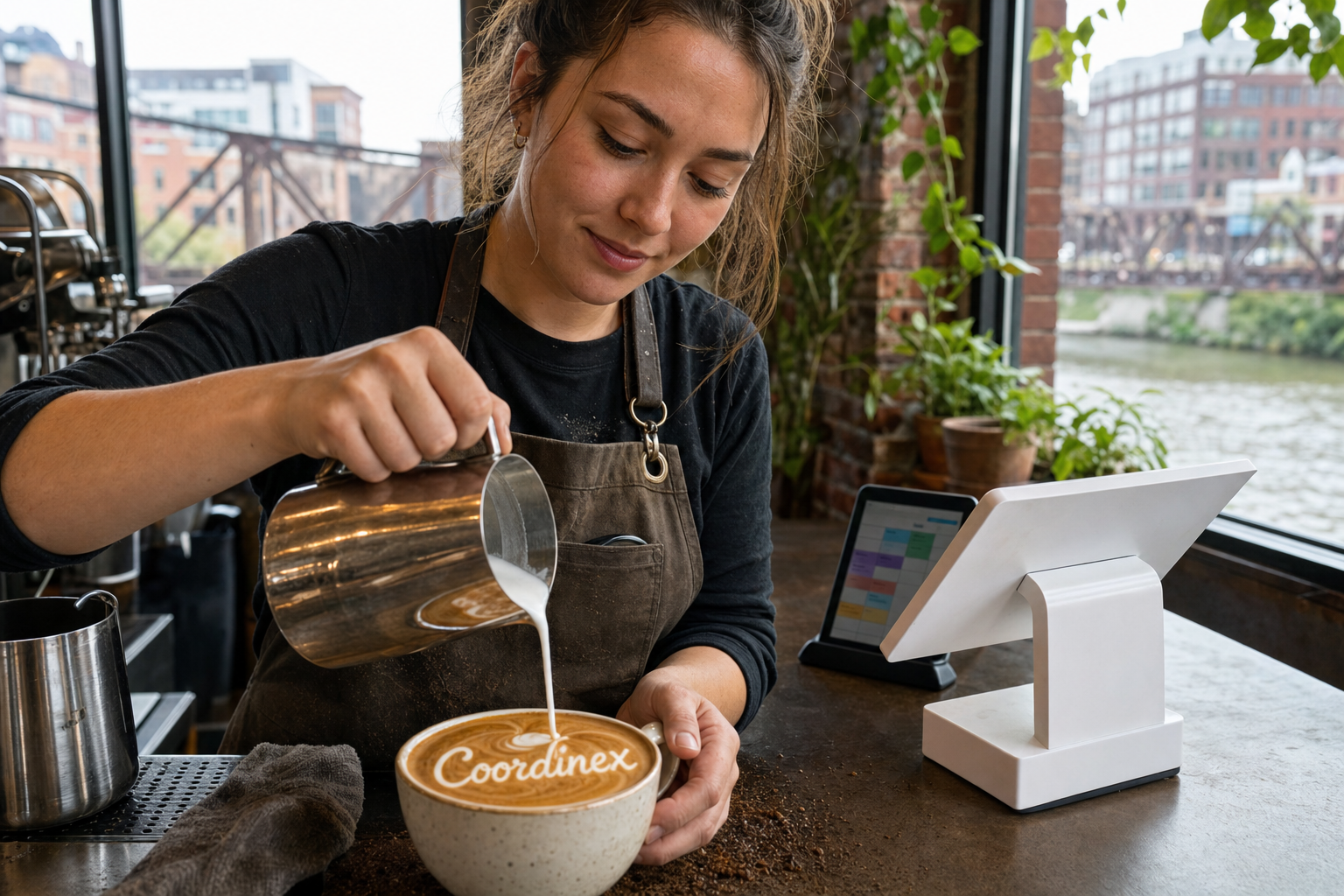 Young adult woman barista pouring milk into latte art spelling Coordinex, with a point-of-sale tablet nearby inside a coffee shop in Rockford, IL.