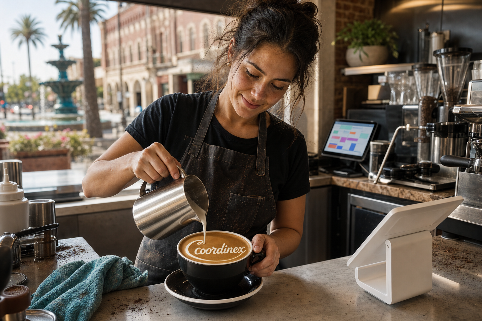 Young adult woman barista pouring milk into latte art spelling Coordinex, with a point-of-sale tablet nearby inside a coffee shop in Roseville, CA.