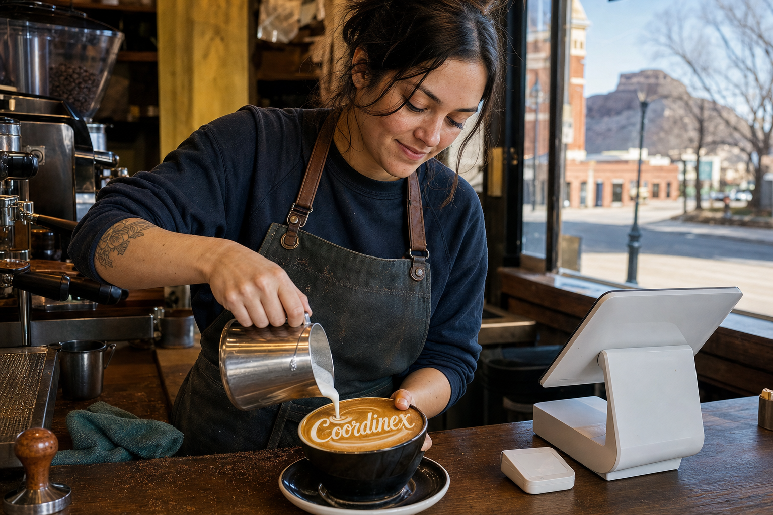 Young adult woman barista pouring milk into latte art spelling Coordinex, with a point-of-sale tablet nearby inside a coffee shop in Roswell, NM.