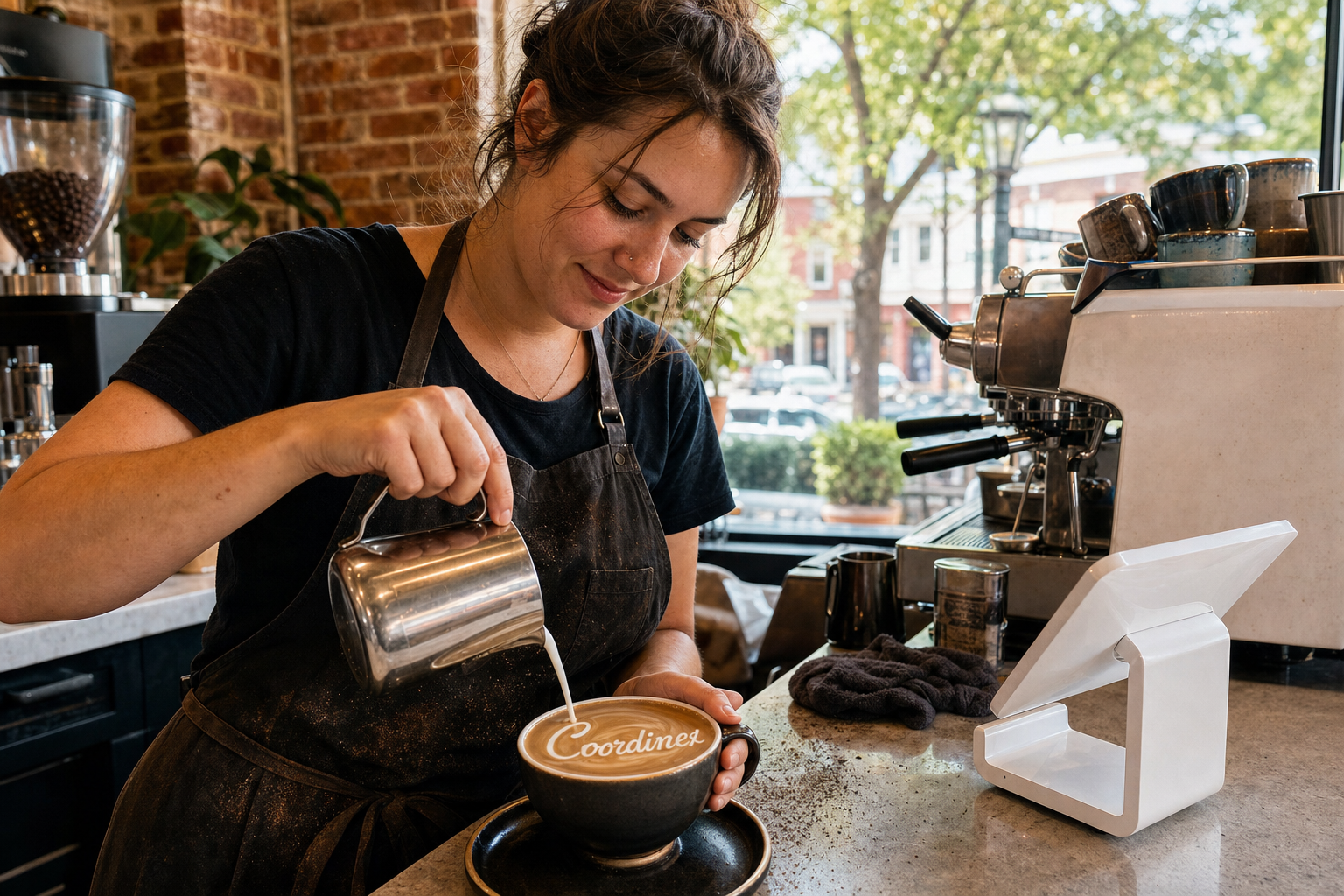 Young adult woman barista pouring milk into latte art spelling Coordinex, with a point-of-sale tablet nearby inside a coffee shop in Roswell, GA.