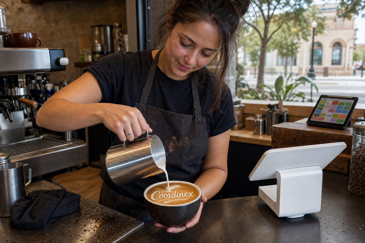 Young adult woman barista pouring milk into latte art spelling Coordinex, with a point-of-sale tablet nearby inside a coffee shop in Round Rock, TX.
