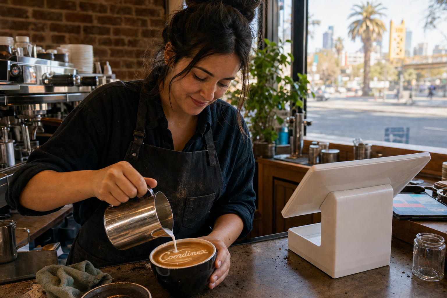 Young adult woman barista pouring milk into latte art spelling Coordinex, with a point-of-sale tablet nearby inside a coffee shop in Sacramento, CA.