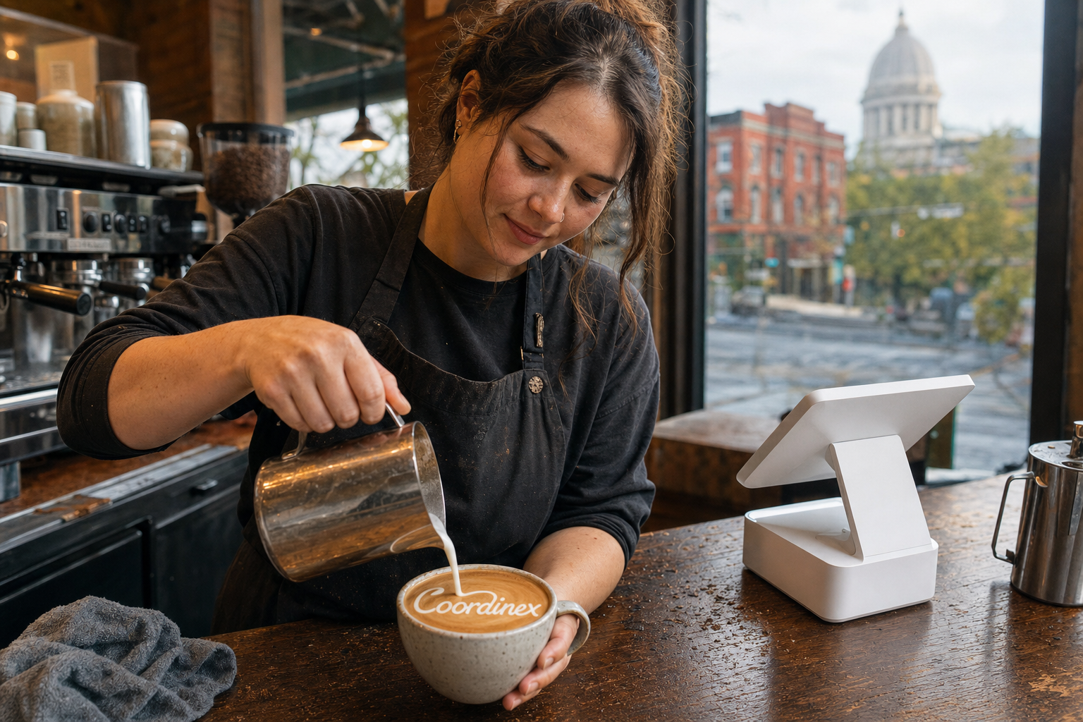 Young adult woman barista pouring milk into latte art spelling Coordinex, with a point-of-sale tablet nearby inside a coffee shop in Salem, OR.