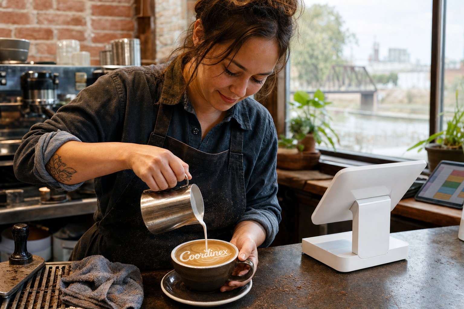 Young adult woman barista pouring milk into latte art spelling Coordinex, with a point-of-sale tablet nearby inside a coffee shop in Salina, KS.