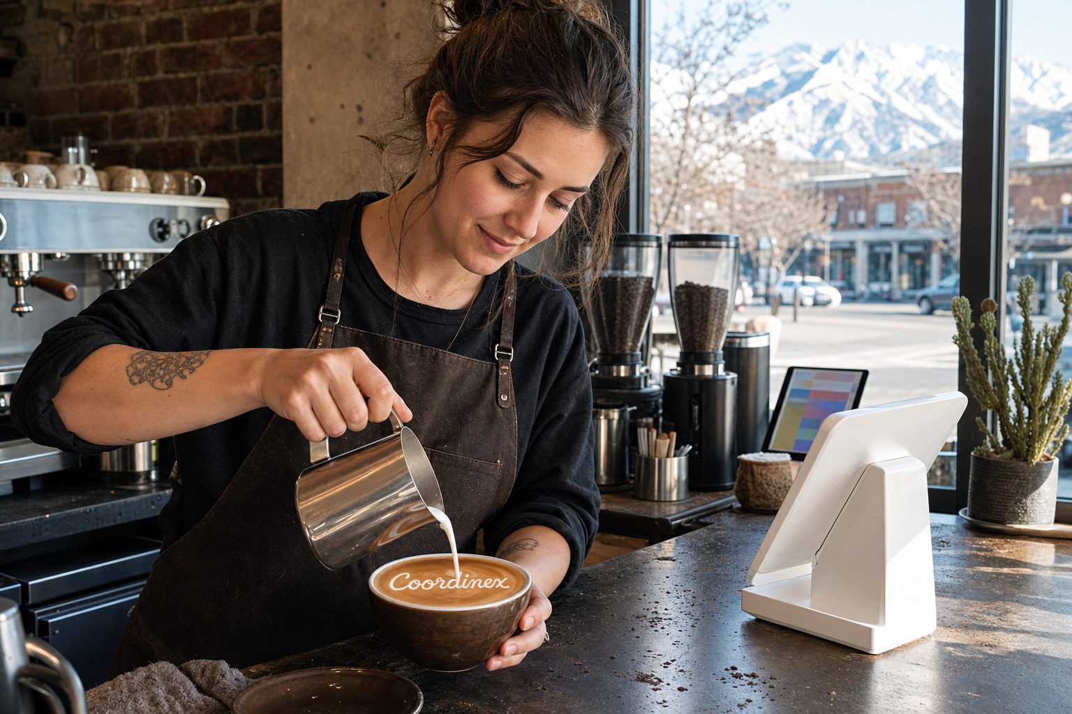 Young adult woman barista pouring milk into latte art spelling Coordinex, with a point-of-sale tablet nearby inside a coffee shop in Salt Lake City, UT.