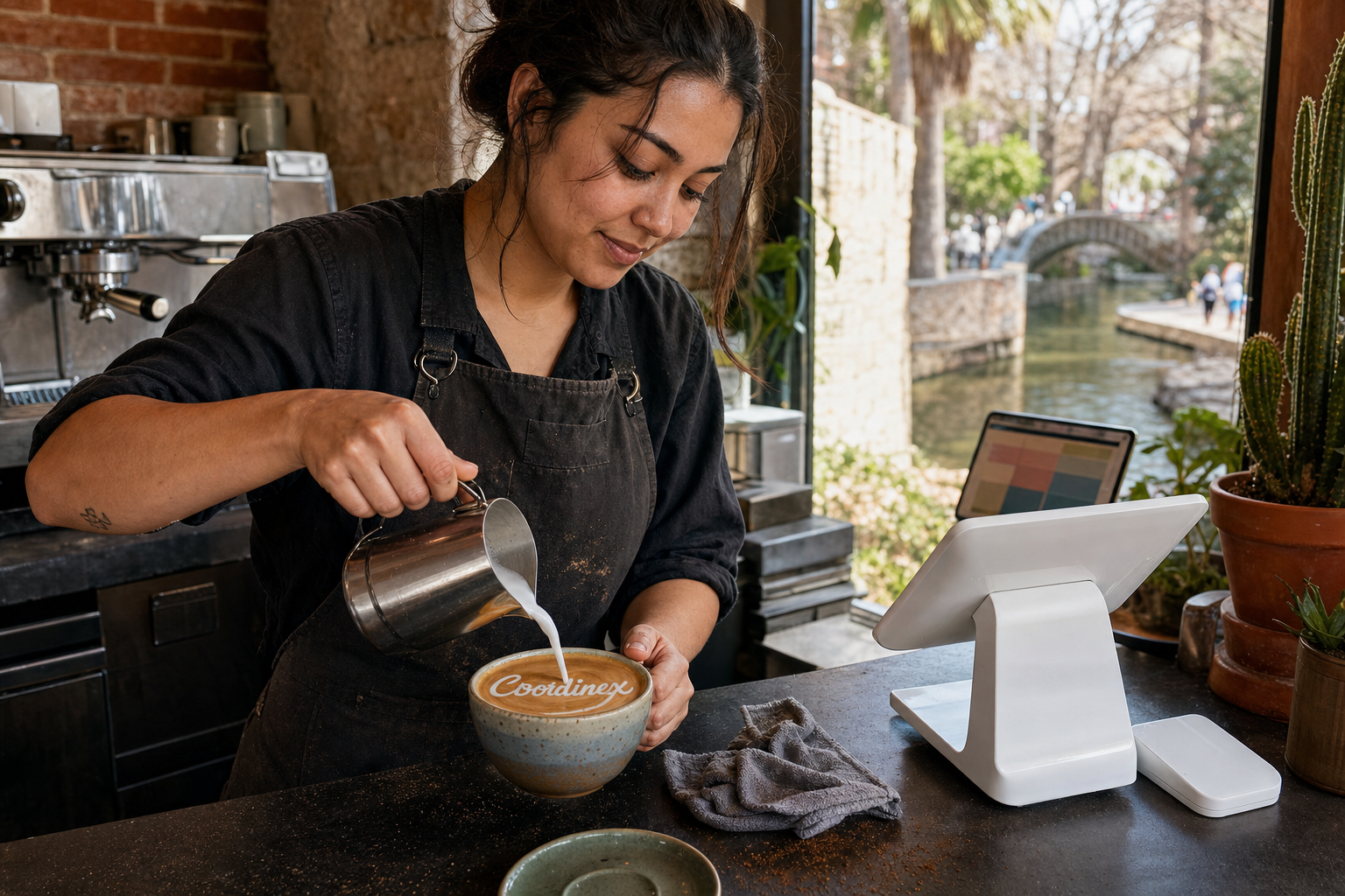 Young adult woman barista pouring milk into latte art spelling Coordinex, with a point-of-sale tablet nearby inside a coffee shop in San Antonio, TX.