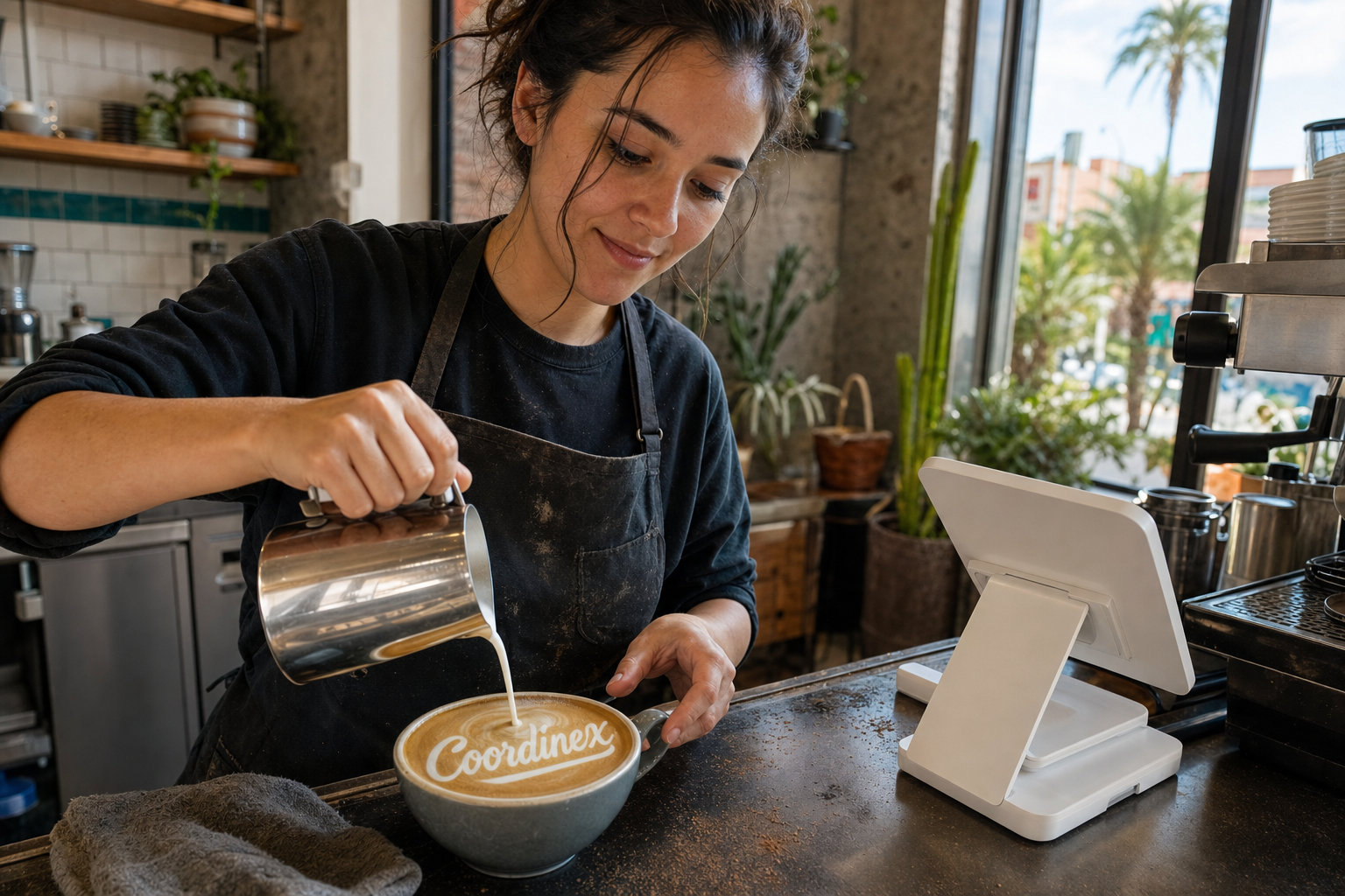 Young adult woman barista pouring milk into latte art spelling Coordinex, with a point-of-sale tablet nearby inside a coffee shop in San Diego, CA.