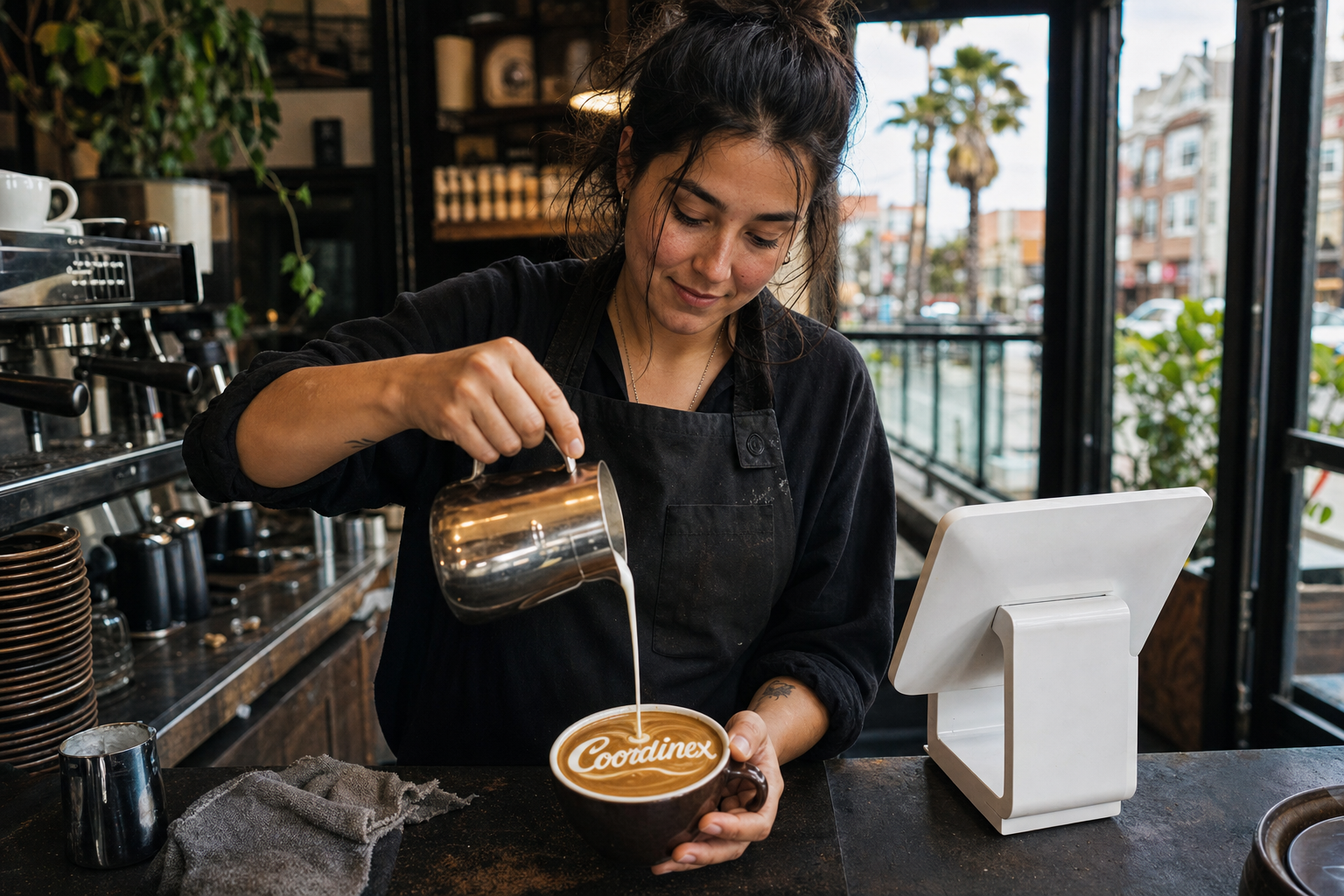 Young adult woman barista pouring milk into latte art spelling Coordinex, with a point-of-sale tablet nearby inside a coffee shop in San Francisco, CA.