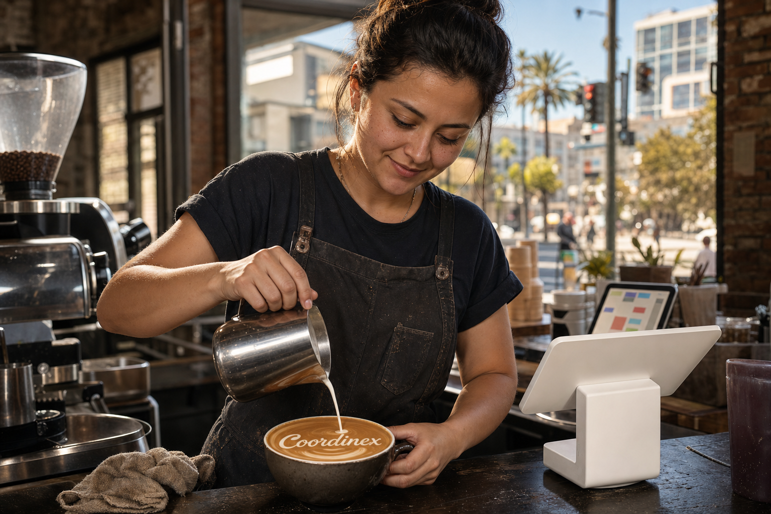 Young adult woman barista pouring milk into latte art spelling Coordinex, with a point-of-sale tablet nearby inside a coffee shop in San Jose, CA.