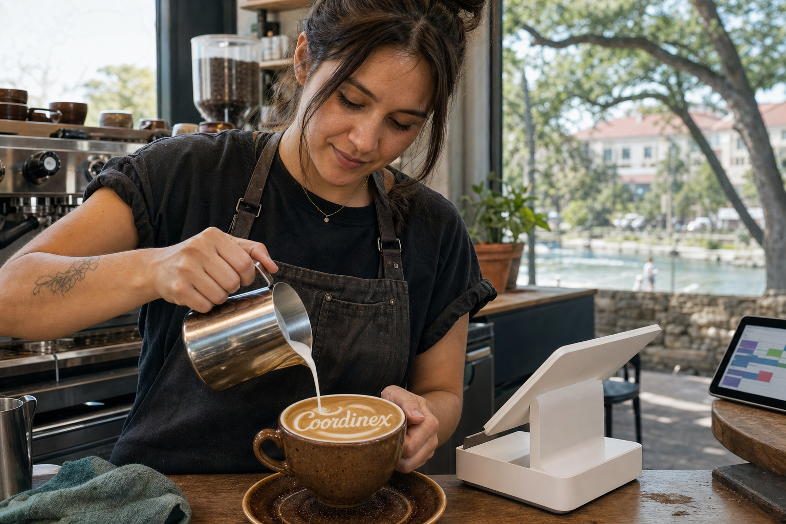 Young adult woman barista pouring milk into latte art spelling Coordinex, with a point-of-sale tablet nearby inside a coffee shop in San Marcos, TX.