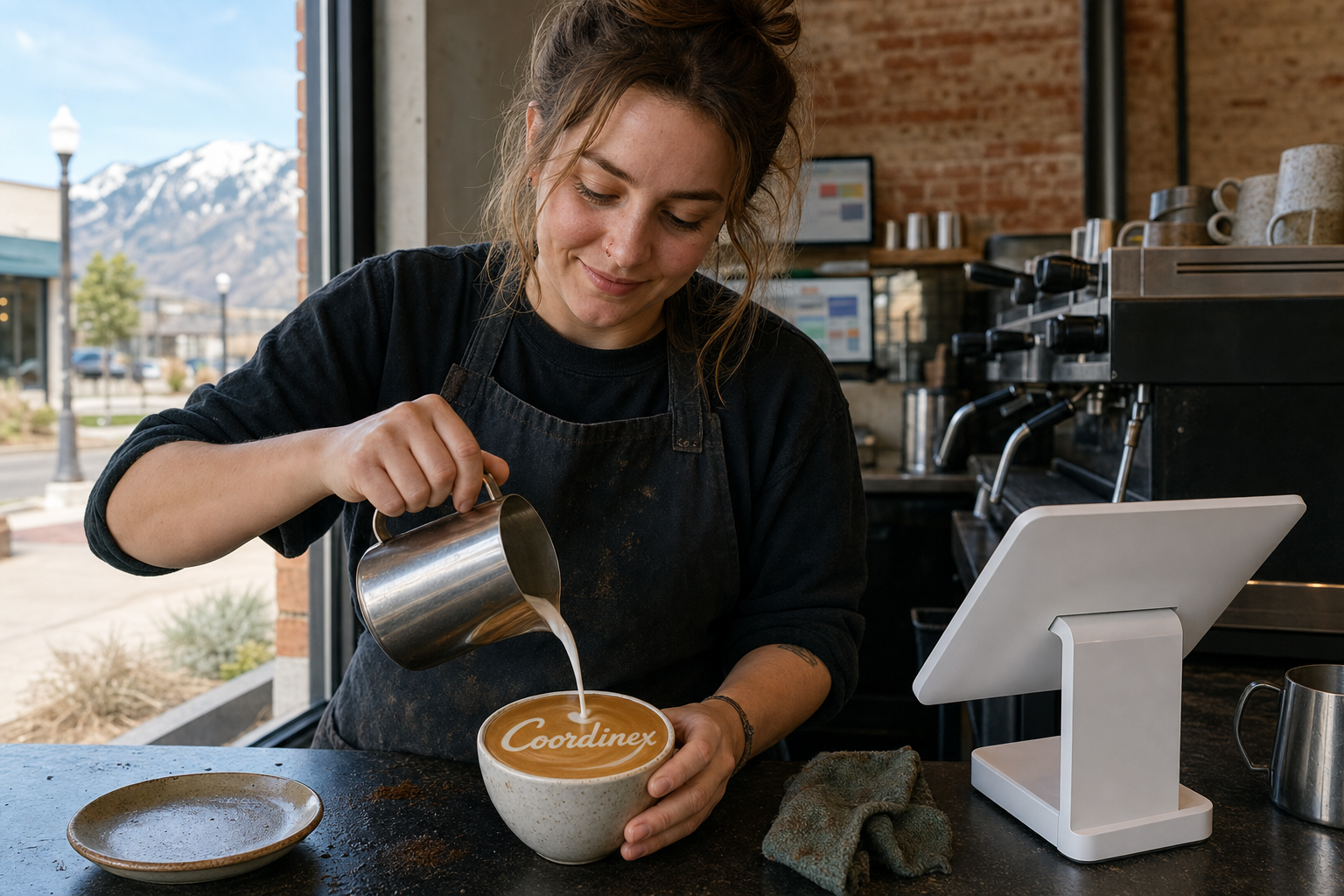 Young adult woman barista pouring milk into latte art spelling Coordinex, with a point-of-sale tablet nearby inside a coffee shop in Sandy, UT.