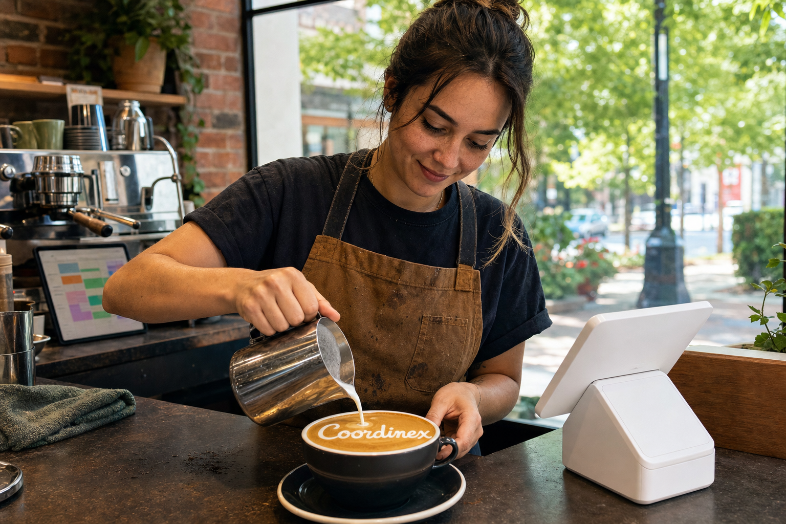 Young adult woman barista pouring milk into latte art spelling Coordinex, with a point-of-sale tablet nearby inside a coffee shop in Sandy Springs, GA.