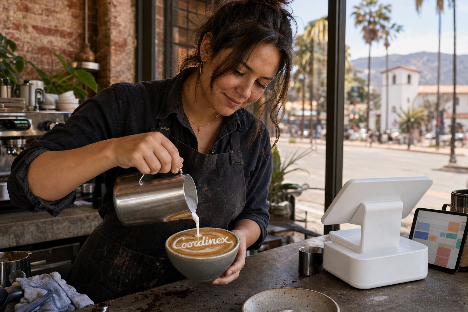 Young adult woman barista pouring milk into latte art spelling Coordinex, with a point-of-sale tablet nearby inside a coffee shop in Santa Barbara, CA.