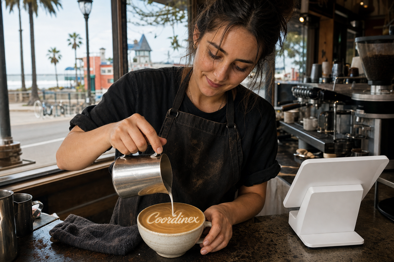 Young adult woman barista pouring milk into latte art spelling Coordinex, with a point-of-sale tablet nearby inside a coffee shop in Santa Cruz, CA.