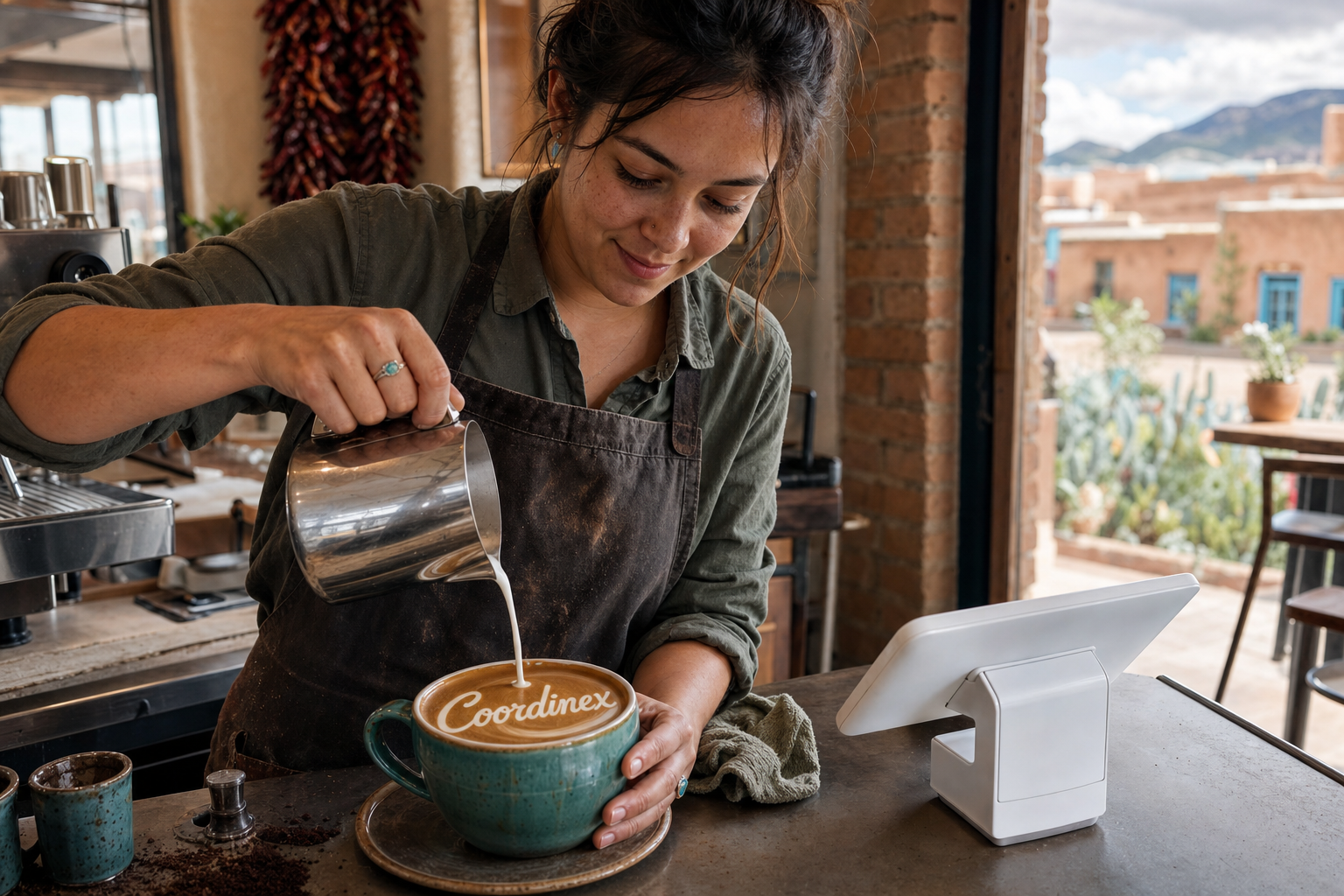 Young adult woman barista pouring milk into latte art spelling Coordinex, with a point-of-sale tablet nearby inside a coffee shop in Santa Fe, NM.