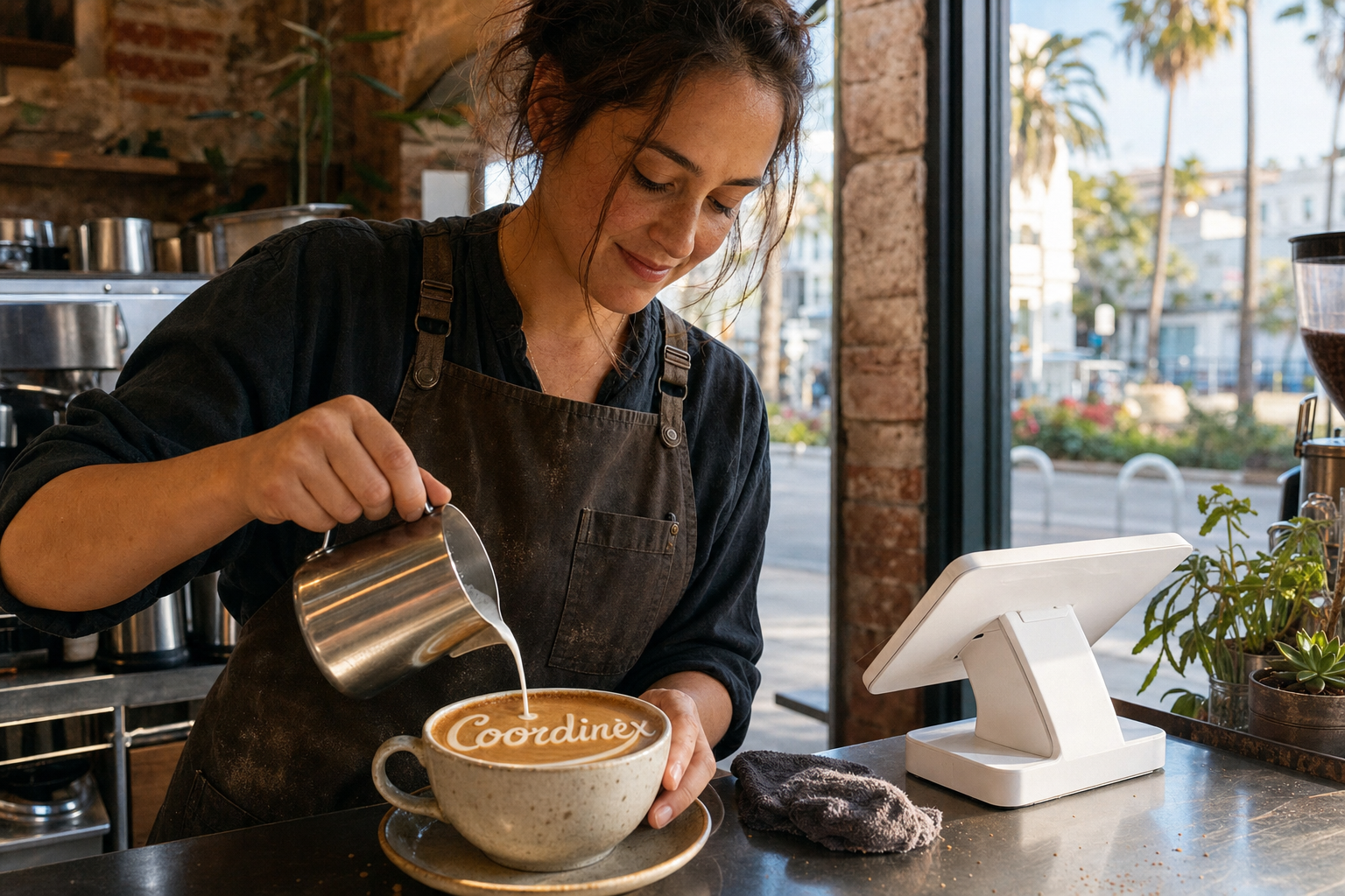 Young adult woman barista pouring milk into latte art spelling Coordinex, with a point-of-sale tablet nearby inside a coffee shop in Santa Monica, CA.