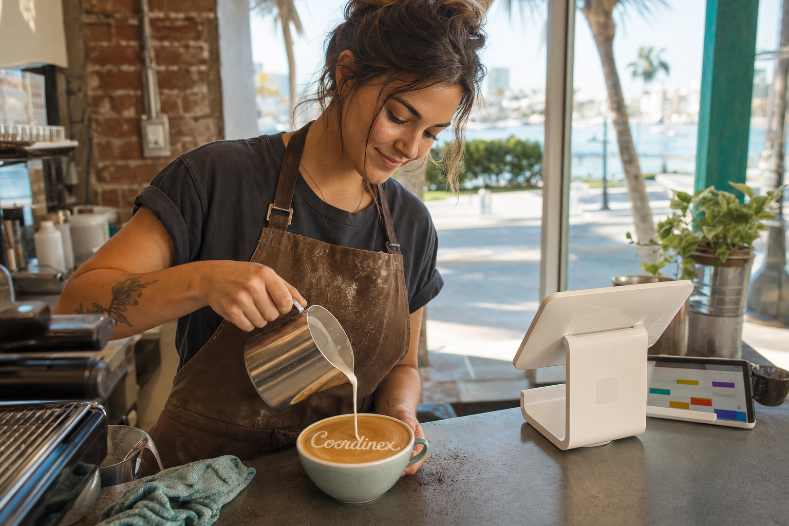 Young adult woman barista pouring milk into latte art spelling Coordinex, with a point-of-sale tablet nearby inside a coffee shop in Sarasota, FL.