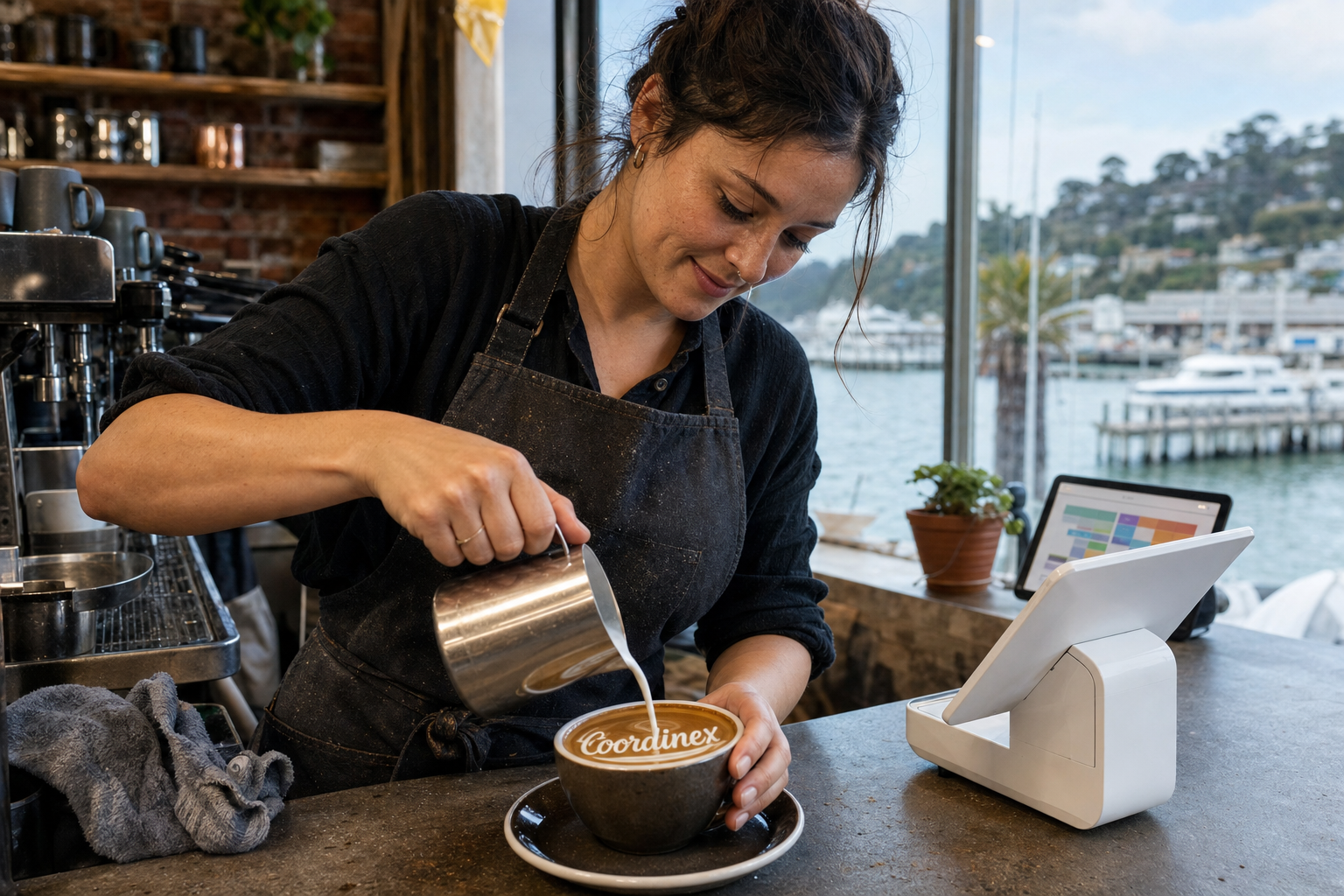Young adult woman barista pouring milk into latte art spelling Coordinex, with a point-of-sale tablet nearby inside a coffee shop in Sausalito, CA.