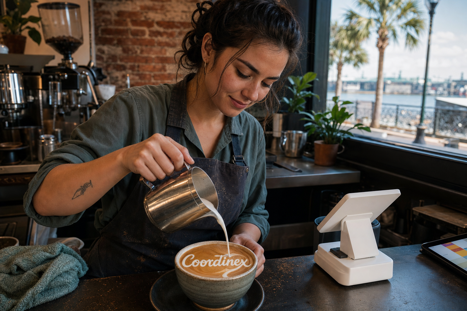 Young adult woman barista pouring milk into latte art spelling Coordinex, with a point-of-sale tablet nearby inside a coffee shop in Savannah, GA.