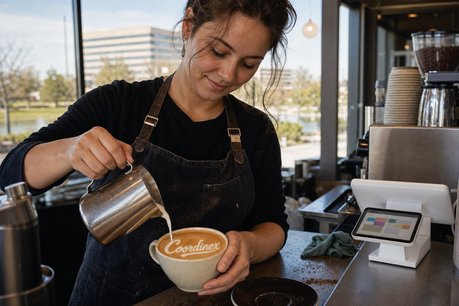 Young adult woman barista pouring milk into latte art spelling Coordinex, with a point-of-sale tablet nearby inside a coffee shop in Schaumburg, IL.