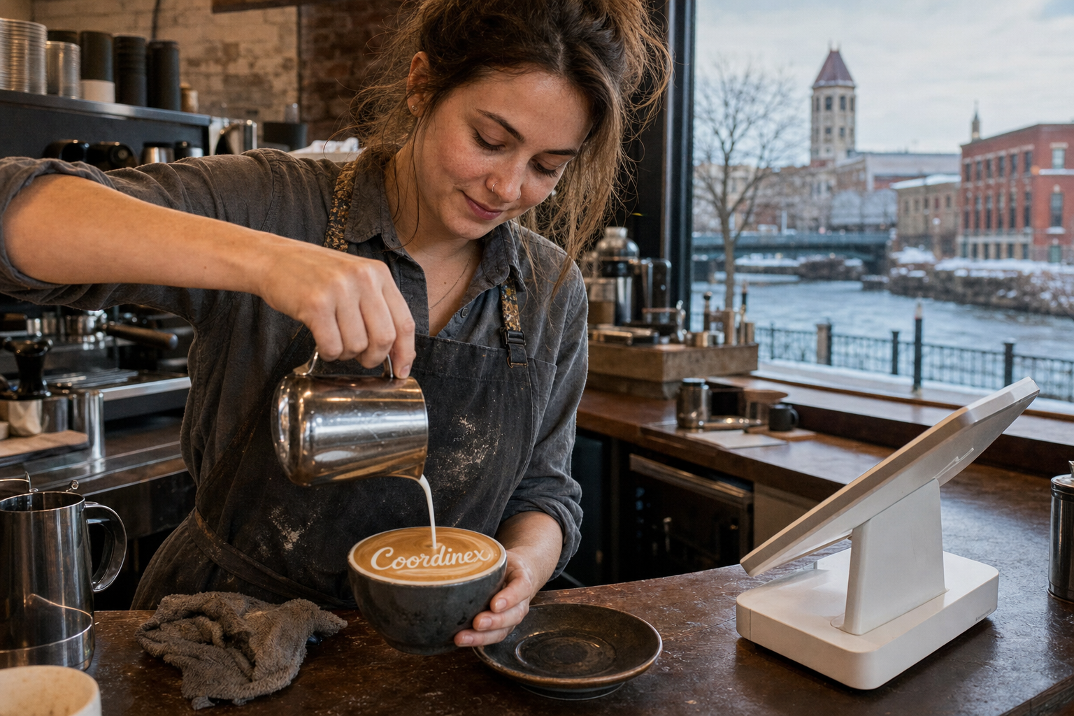 Young adult woman barista pouring milk into latte art spelling Coordinex, with a point-of-sale tablet nearby inside a coffee shop in Schenectady, NY.