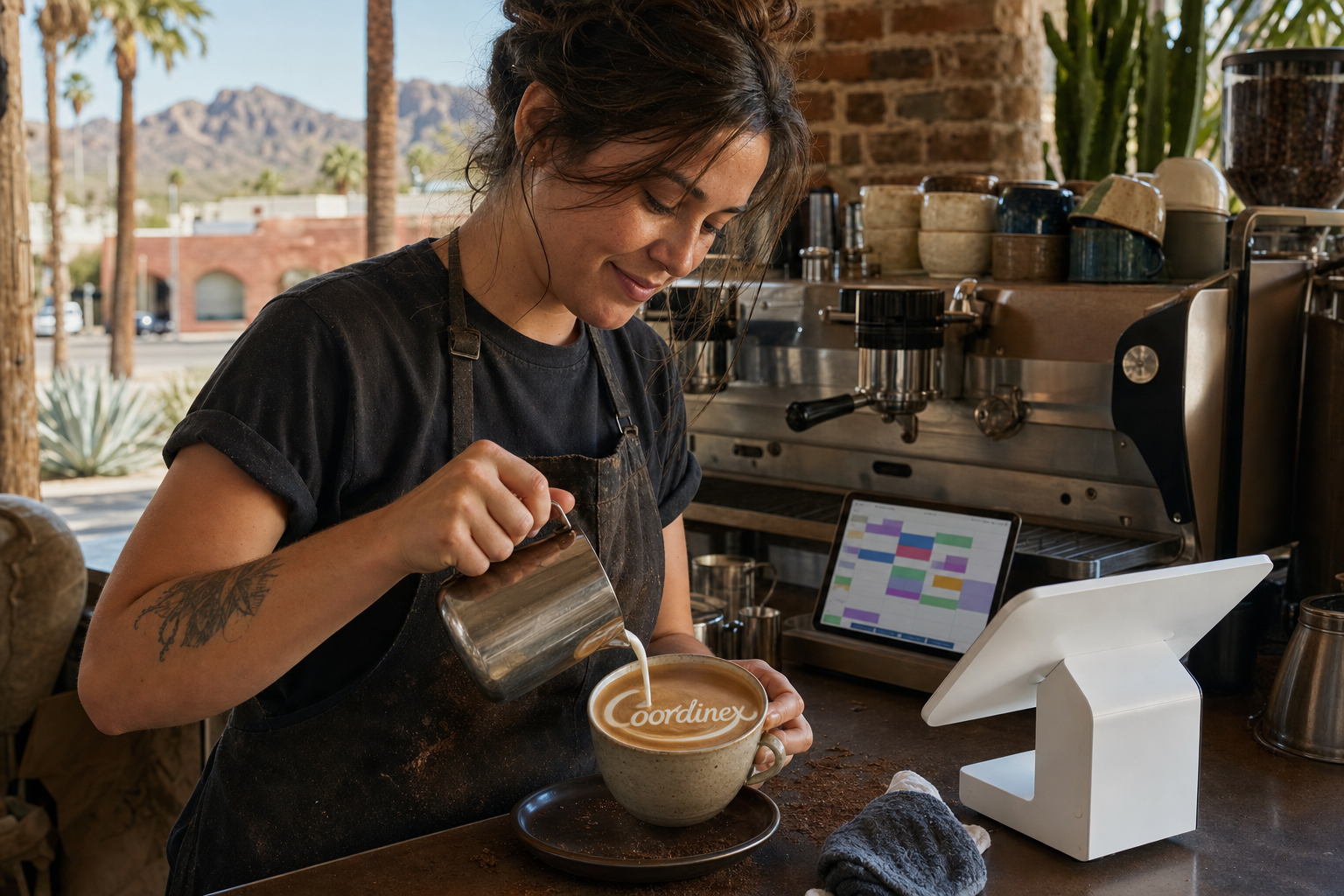 Young adult woman barista pouring milk into latte art spelling Coordinex, with a point-of-sale tablet nearby inside a coffee shop in Scottsdale, AZ.