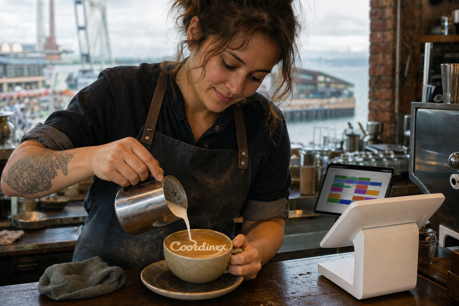 Young adult woman barista pouring milk into latte art spelling Coordinex, with a point-of-sale tablet nearby inside a coffee shop in Seattle, WA.