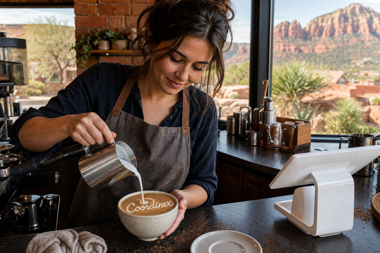 Young adult woman barista pouring milk into latte art spelling Coordinex, with a point-of-sale tablet nearby inside a coffee shop in Sedona, AZ.