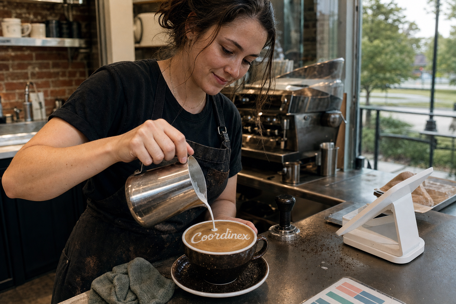 Young adult woman barista pouring milk into latte art spelling Coordinex, with a point-of-sale tablet nearby inside a coffee shop in Shawnee, KS.
