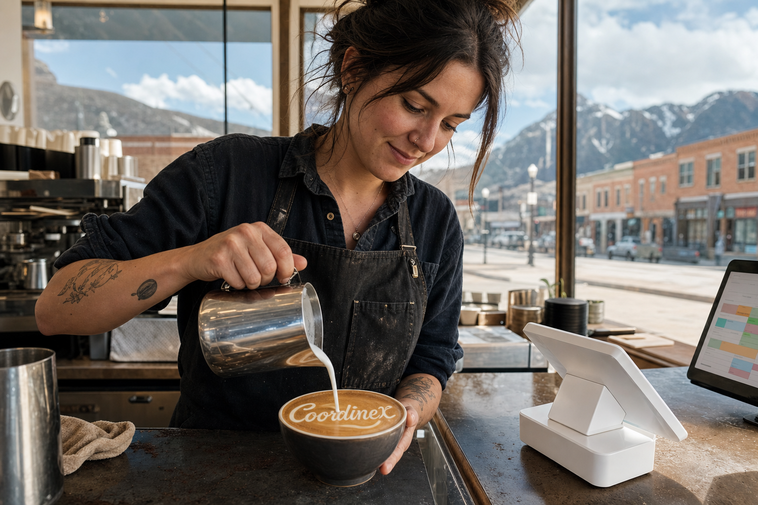 Young adult woman barista pouring milk into latte art spelling Coordinex, with a point-of-sale tablet nearby inside a coffee shop in Sheridan, WY.