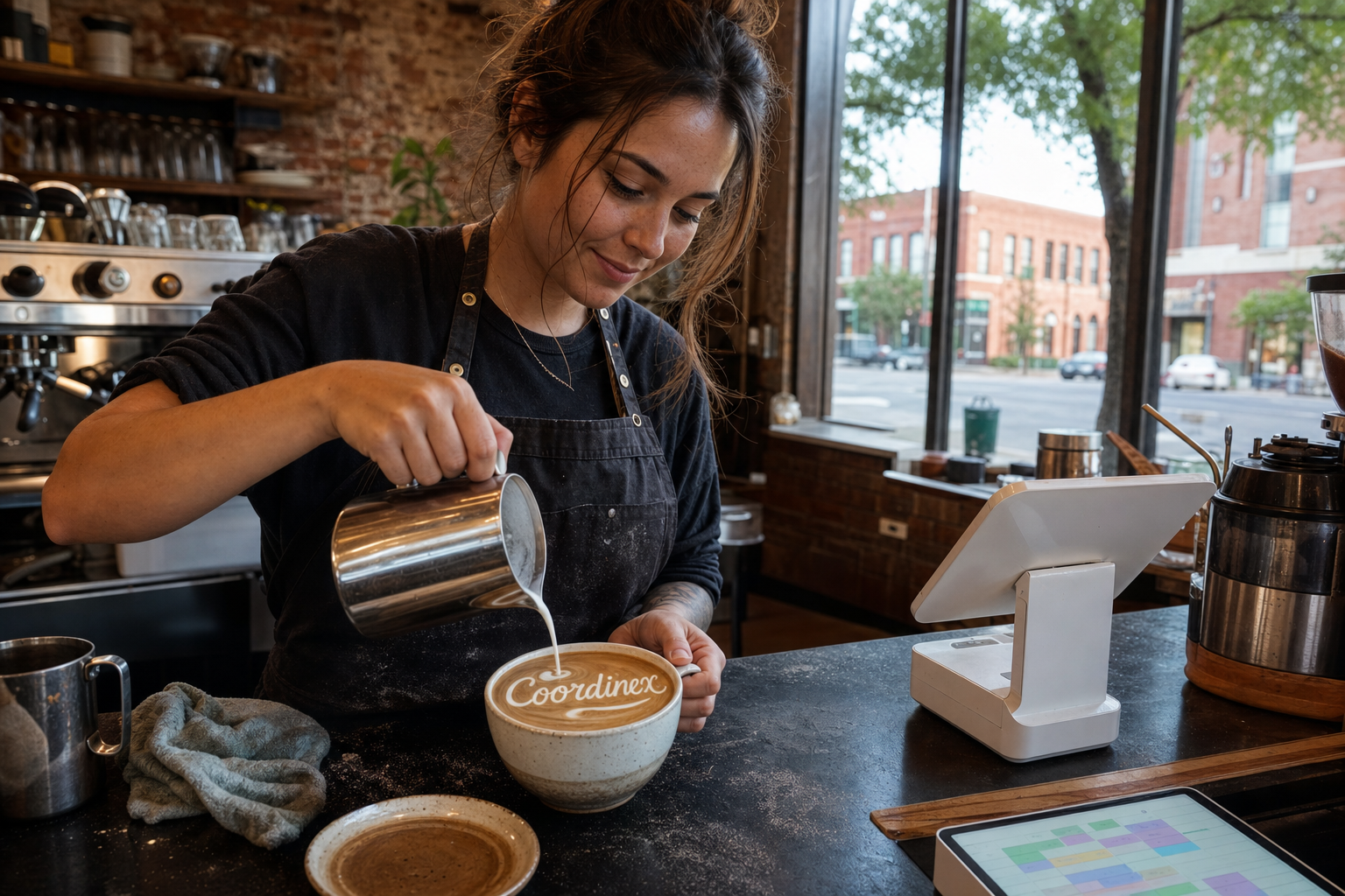 Young adult woman barista pouring milk into latte art spelling Coordinex, with a point-of-sale tablet nearby inside a coffee shop in Shreveport, LA.