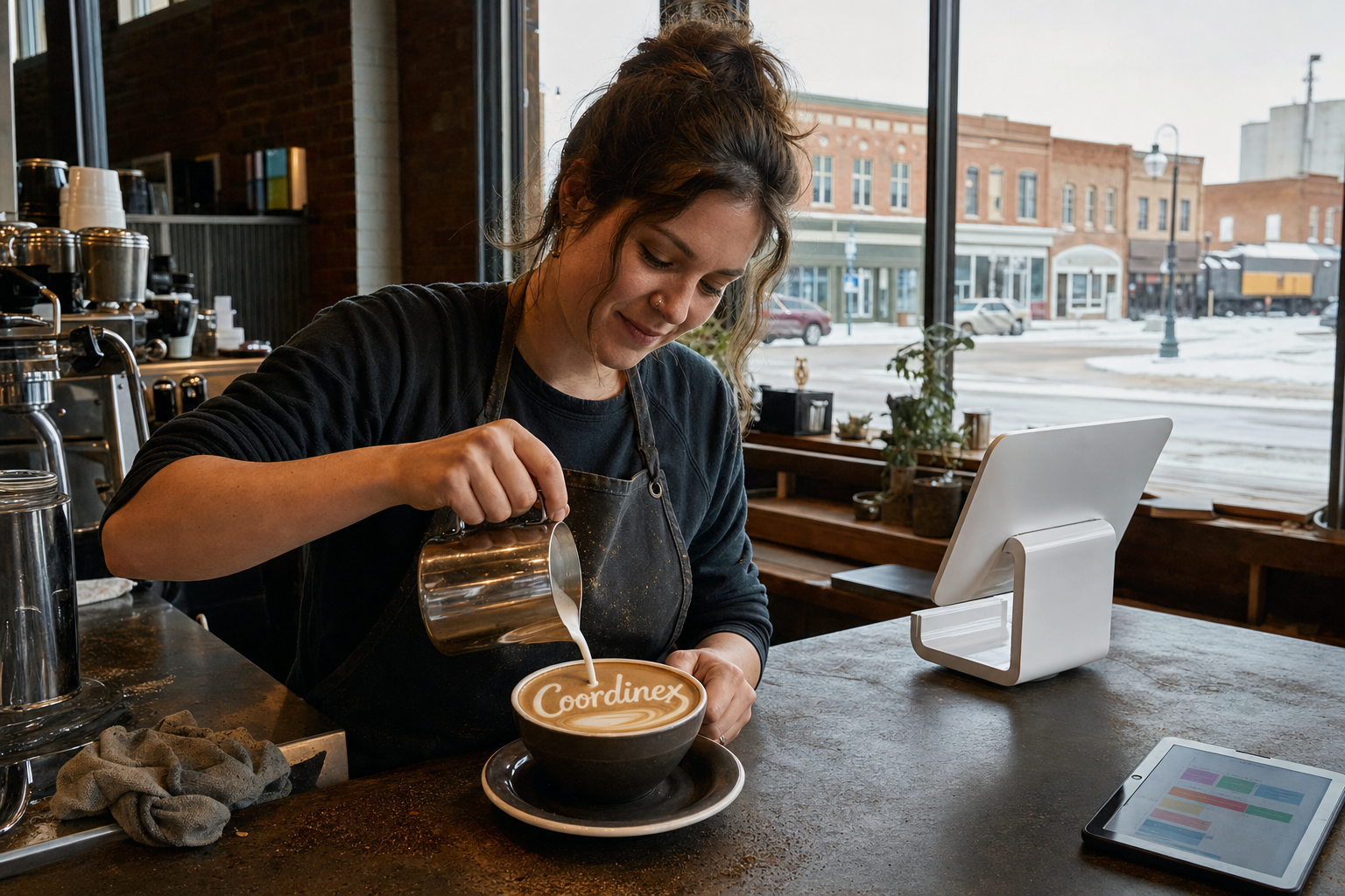 Young adult woman barista pouring milk into latte art spelling Coordinex, with a point-of-sale tablet nearby inside a coffee shop in Sidney, MT.