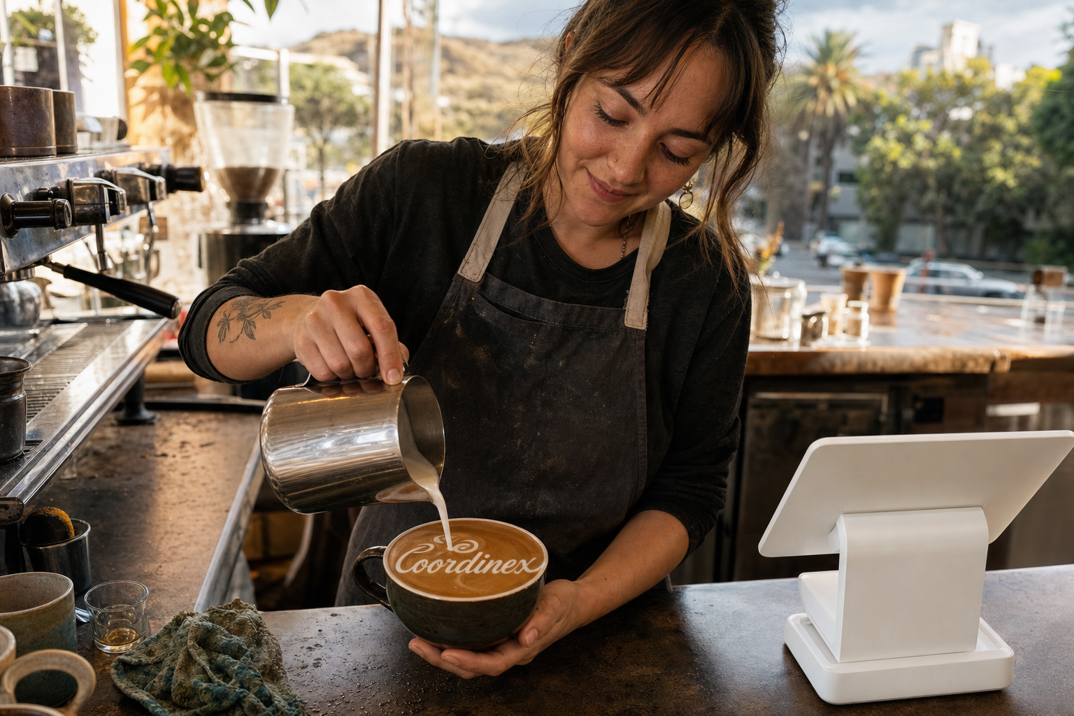 Young adult woman barista pouring milk into latte art spelling Coordinex, with a point-of-sale tablet nearby inside a coffee shop in Silver Lake, CA.