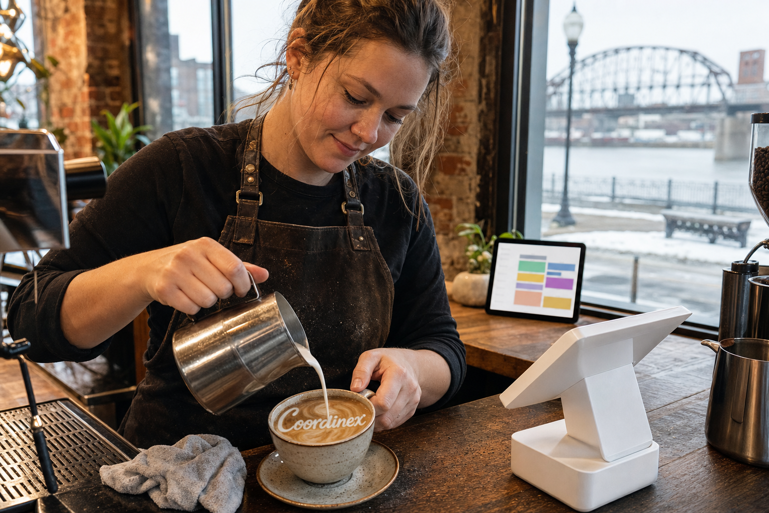 Young adult woman barista pouring milk into latte art spelling Coordinex, with a point-of-sale tablet nearby inside a coffee shop in Sioux City, IA.