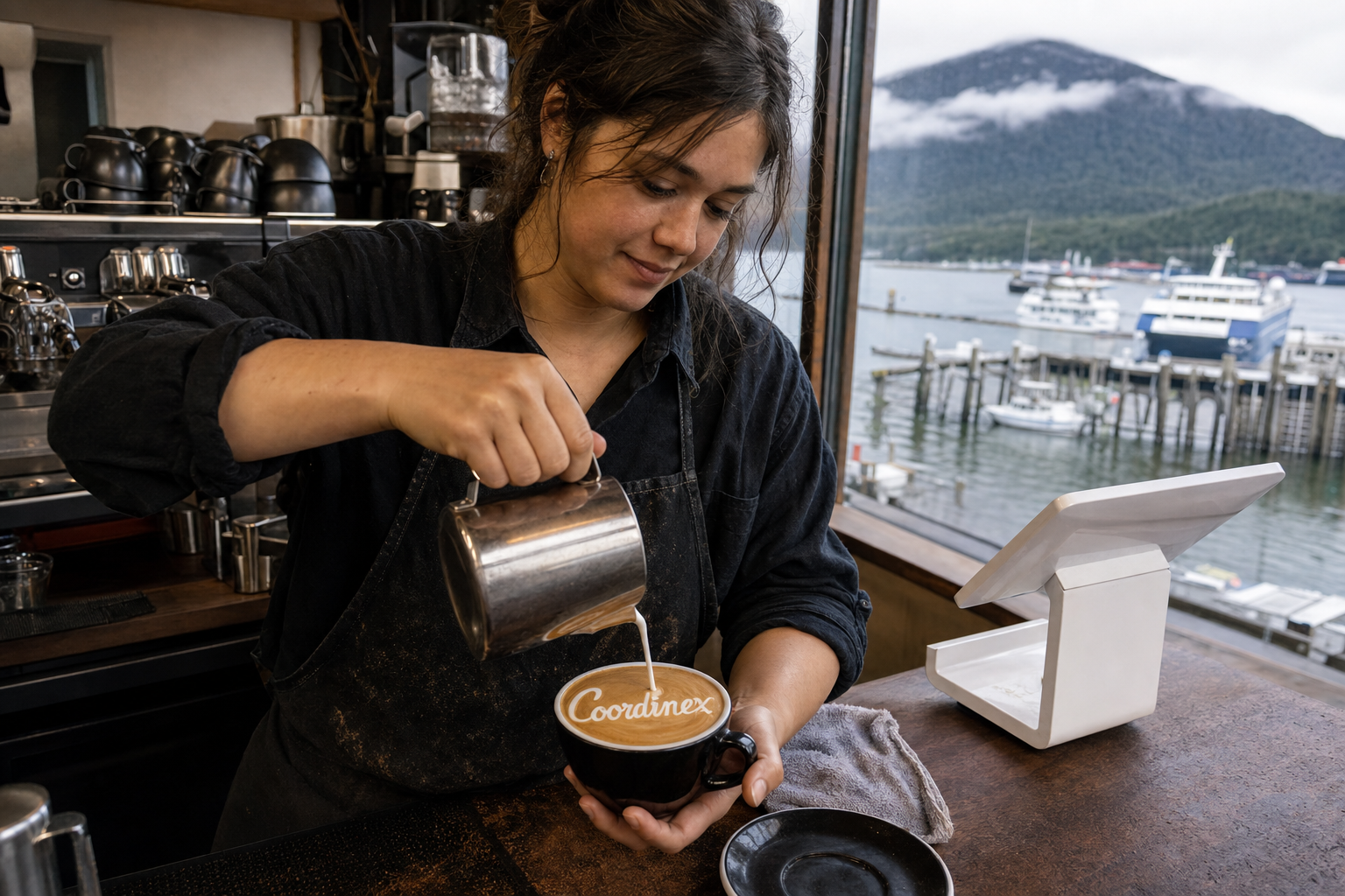 Young adult woman barista pouring milk into latte art spelling Coordinex, with a point-of-sale tablet nearby inside a coffee shop in Sitka, AK.