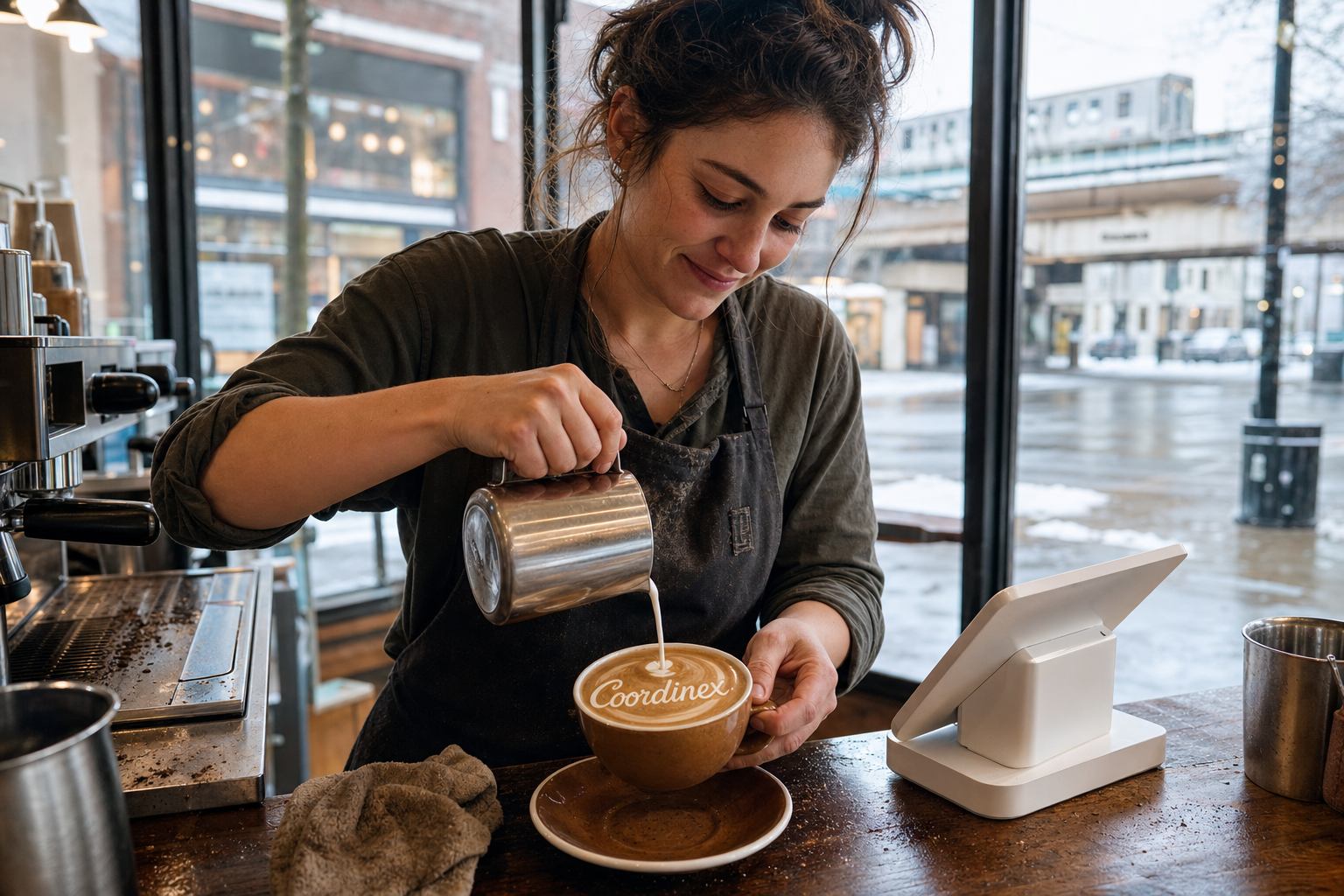 Young adult woman barista pouring milk into latte art spelling Coordinex, with a point-of-sale tablet nearby inside a coffee shop in Skokie, IL.