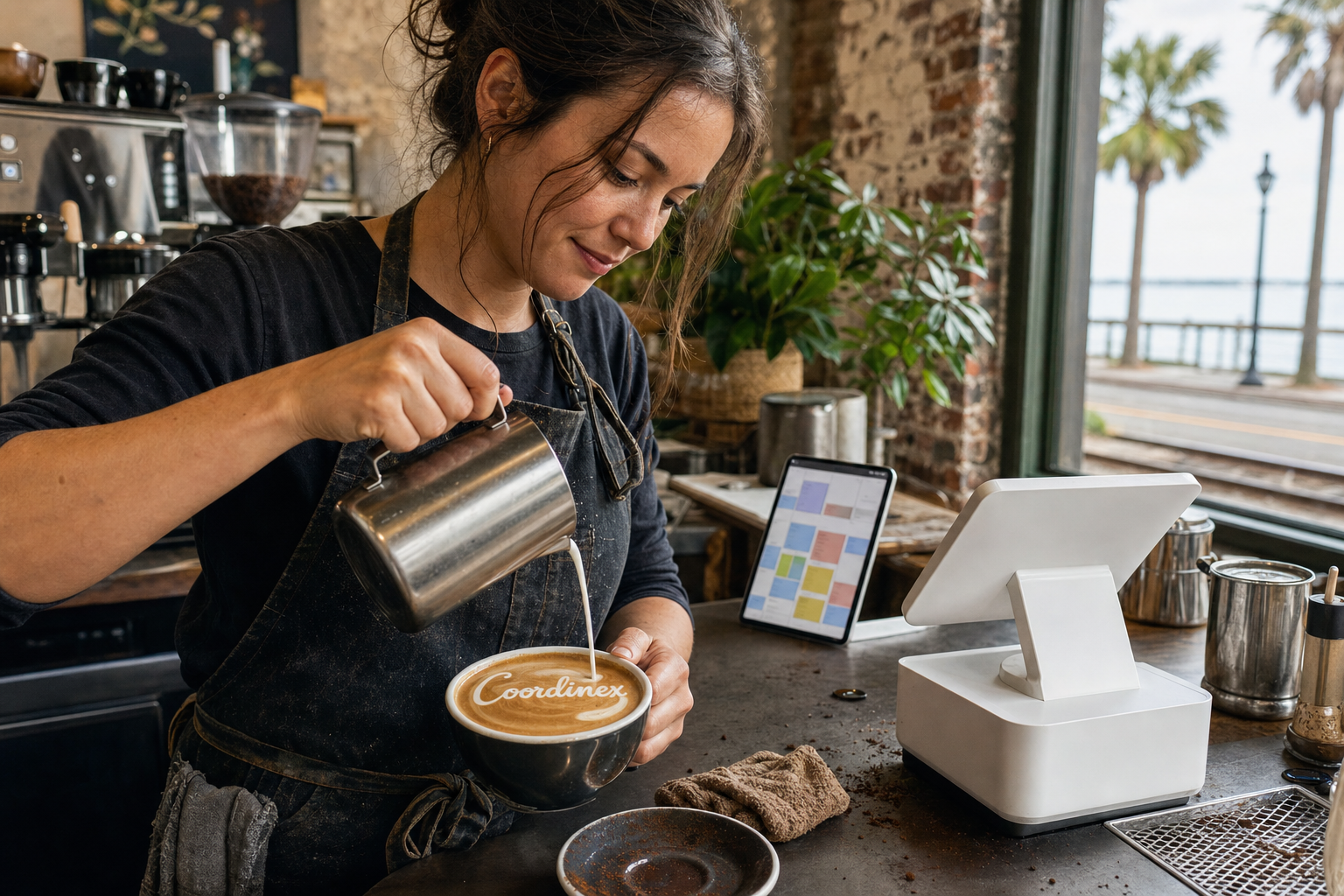 Young adult woman barista pouring milk into latte art spelling Coordinex, with a point-of-sale tablet nearby inside a coffee shop in Slidell, LA.