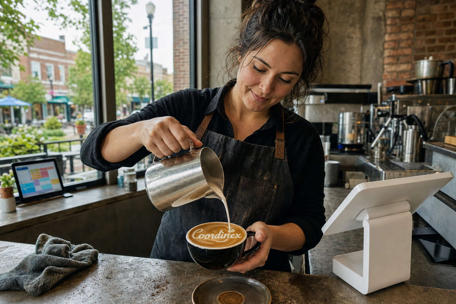 Young adult woman barista pouring milk into latte art spelling Coordinex, with a point-of-sale tablet nearby inside a coffee shop in Smyrna, GA.