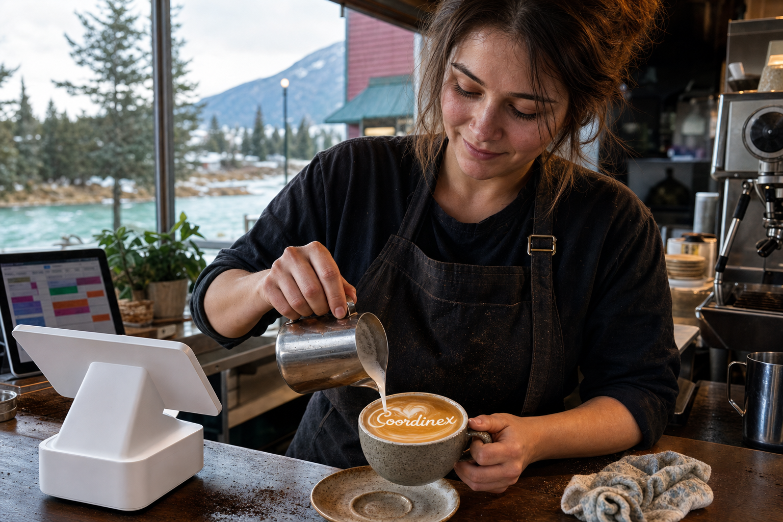Young adult woman barista pouring milk into latte art spelling Coordinex, with a point-of-sale tablet nearby inside a coffee shop in Soldotna, AK.