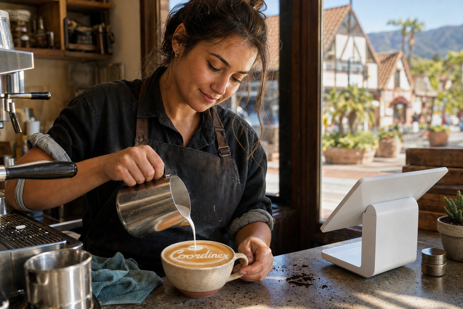 Young adult woman barista pouring milk into latte art spelling Coordinex, with a point-of-sale tablet nearby inside a coffee shop in Solvang, CA.