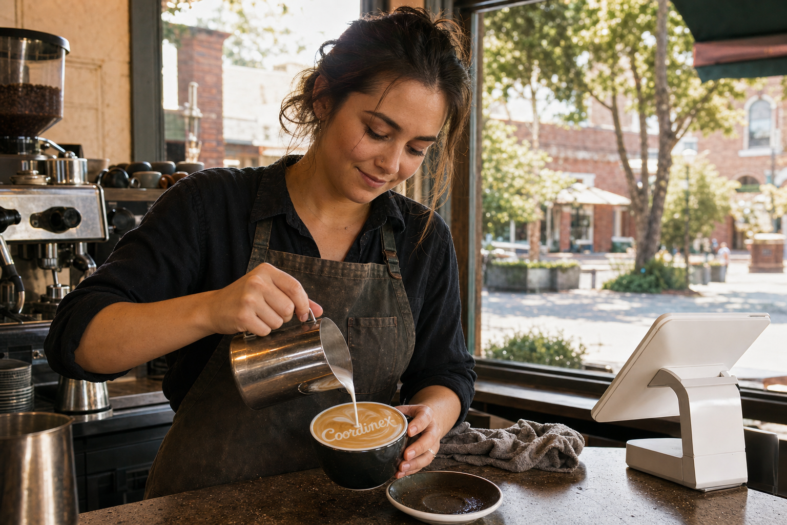 Young adult woman barista pouring milk into latte art spelling Coordinex, with a point-of-sale tablet nearby inside a coffee shop in Sonoma, CA.