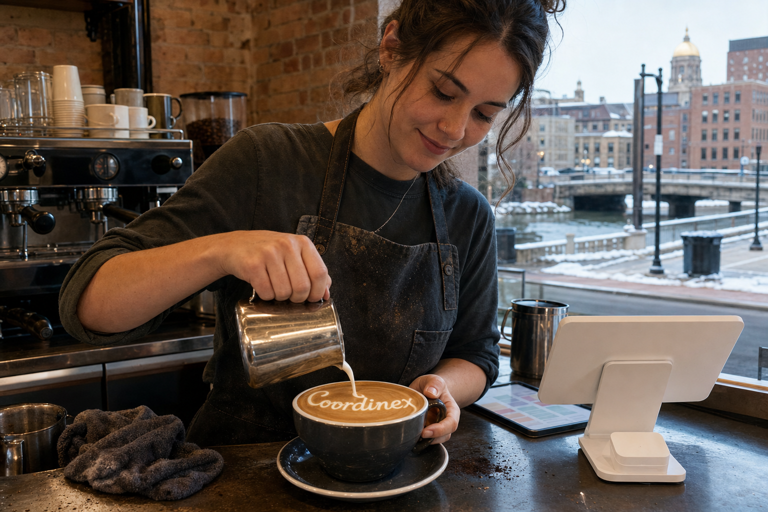 Young adult woman barista pouring milk into latte art spelling Coordinex, with a point-of-sale tablet nearby inside a coffee shop in South Bend, IN.