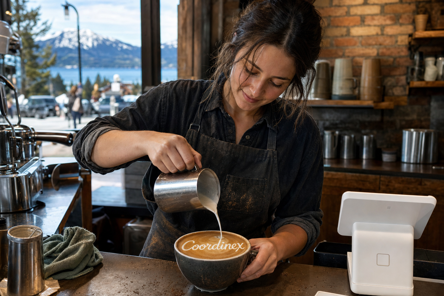 Young adult woman barista pouring milk into latte art spelling Coordinex, with a point-of-sale tablet nearby inside a coffee shop in South Lake Tahoe, CA.