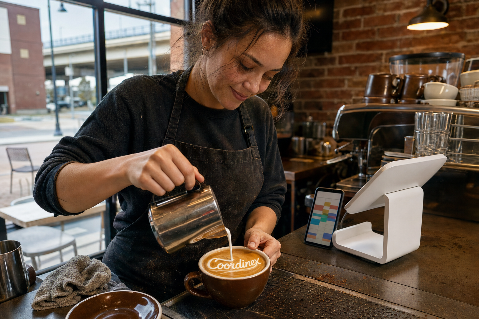 Young adult woman barista pouring milk into latte art spelling Coordinex, with a point-of-sale tablet nearby inside a coffee shop in Southaven, MS.