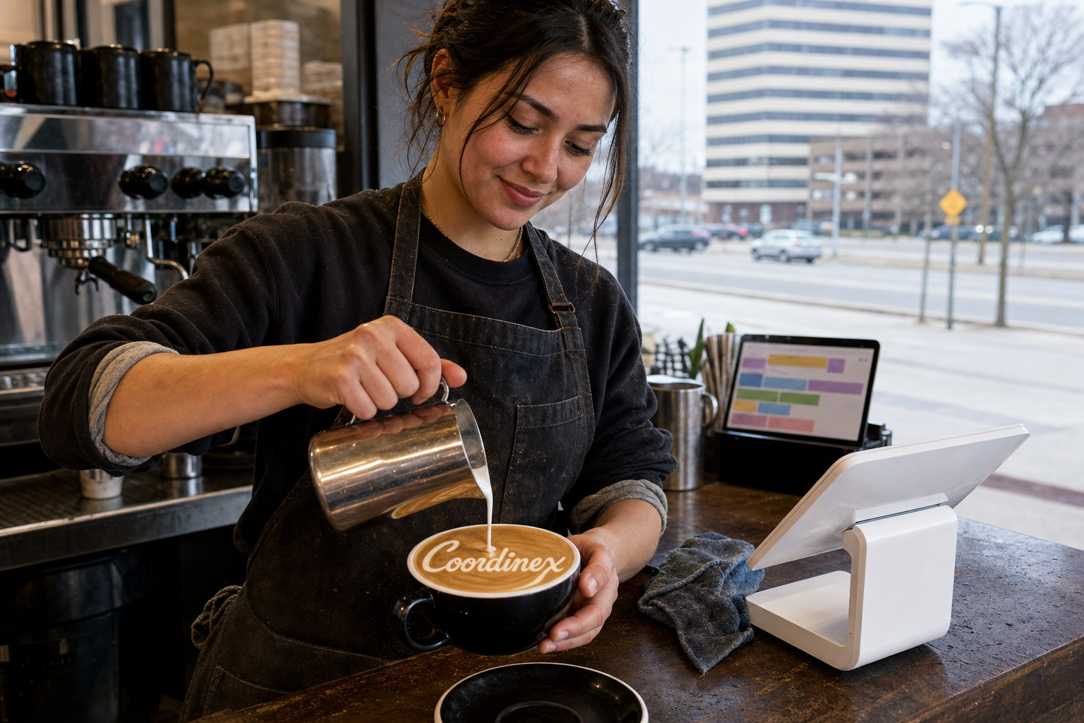 Young adult woman barista pouring milk into latte art spelling Coordinex, with a point-of-sale tablet nearby inside a coffee shop in Southfield, MI.