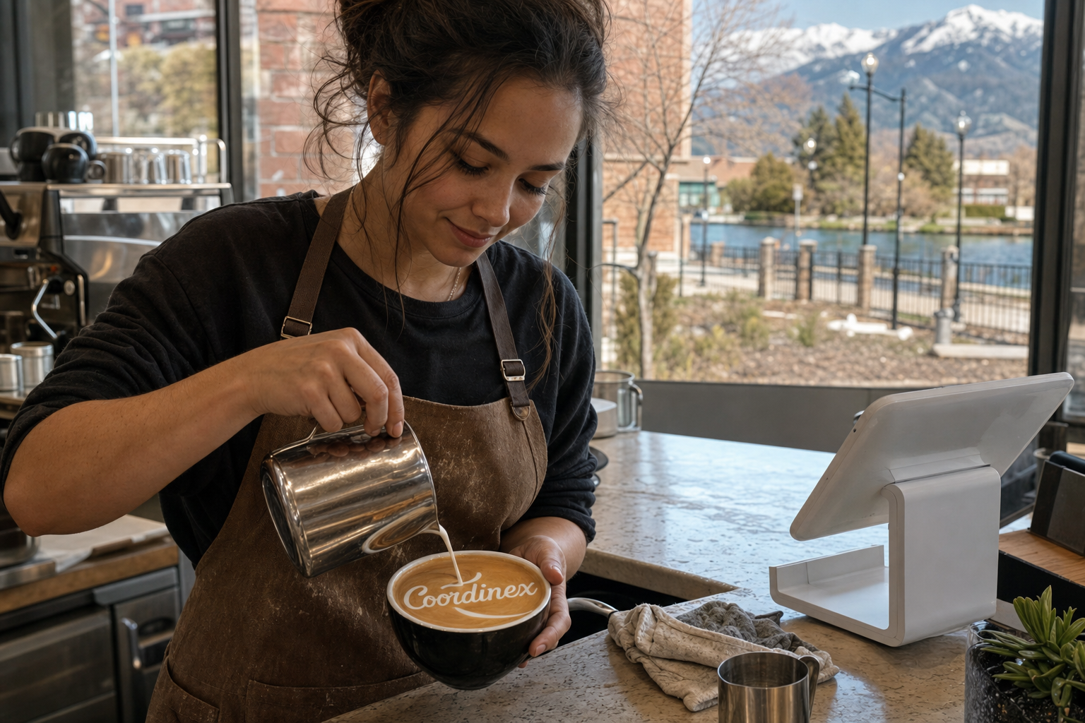 Young adult woman barista pouring milk into latte art spelling Coordinex, with a point-of-sale tablet nearby inside a coffee shop in Sparks, NV.